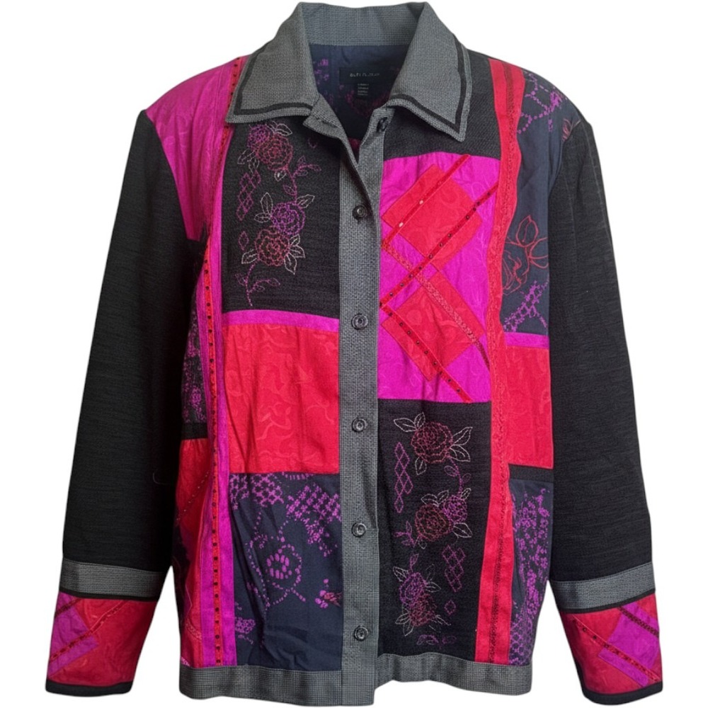 Napa Valley Patchwork Floral Embroidered Beaded Jacket Pink Black 2X WX52P74